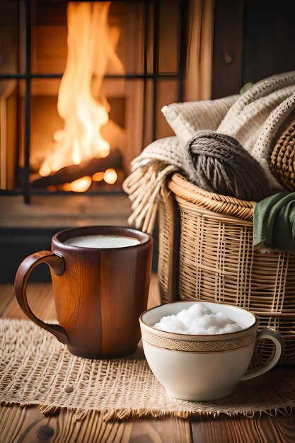 Foto foto twee mokken voor thee- of koffiewoldingen bij de gezellige open haard in de wintervakantie in een landhuis