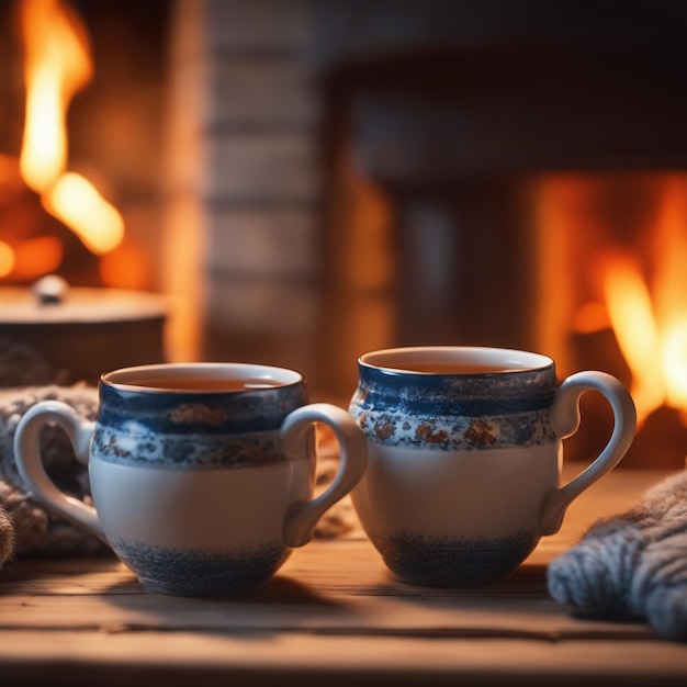Foto foto twee mokken voor thee- of koffiewoldingen bij de gezellige open haard in de wintervakantie in een landhuis