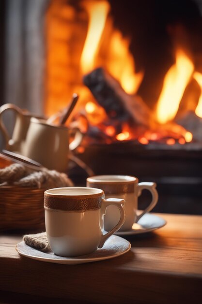 Foto foto twee mokken voor thee- of koffiewoldingen bij de gezellige open haard in de wintervakantie in een landhuis