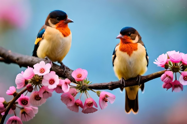 Foto twee vogels zittend op een tak met roze bloemen