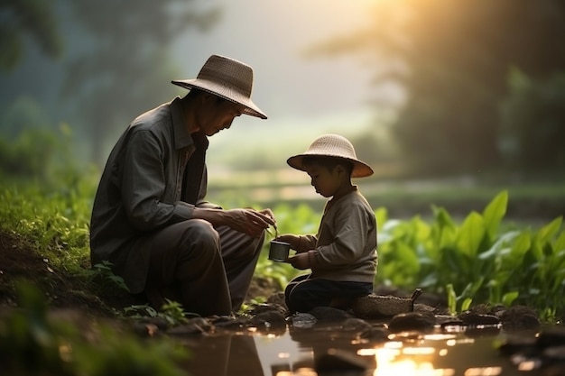 Foto vader en zoon dit is de levensstijl van de familie boer op het platteland van Azië