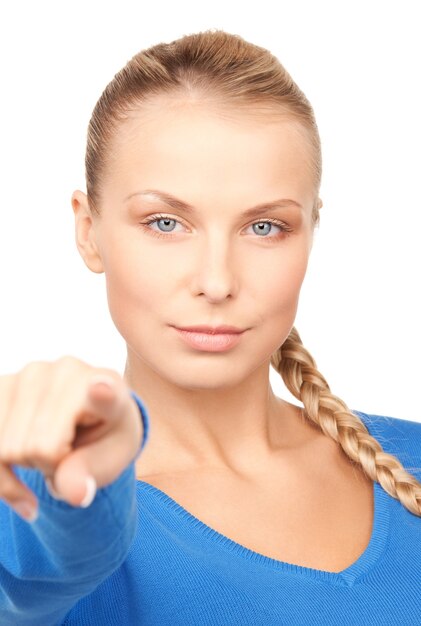 Foto foto van aantrekkelijke zakenvrouw die met haar vinger wijst