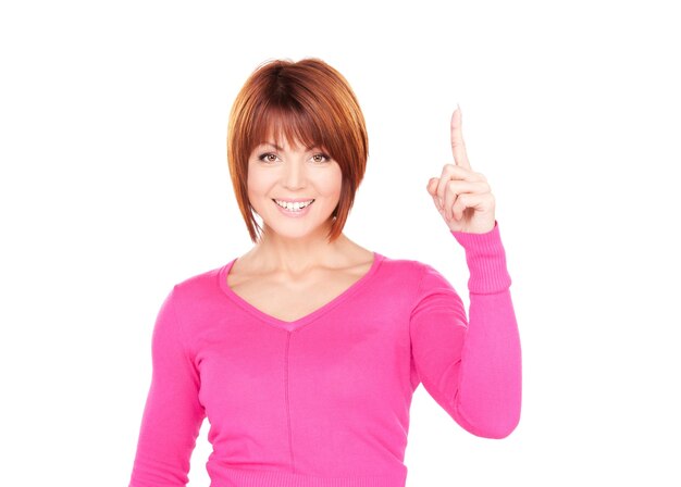 foto van aantrekkelijke zakenvrouw met haar vinger omhoog