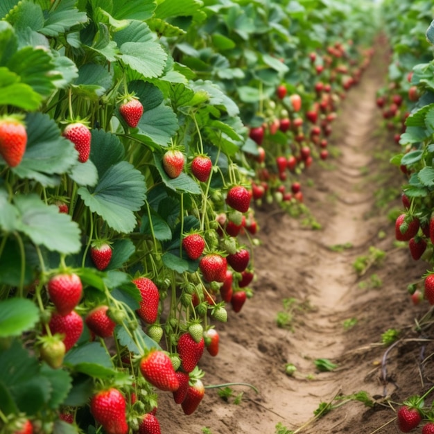 Foto van aardbeien op een boerderij op een zonnige dag close-up fruit op een lichte achtergrond Generatieve A