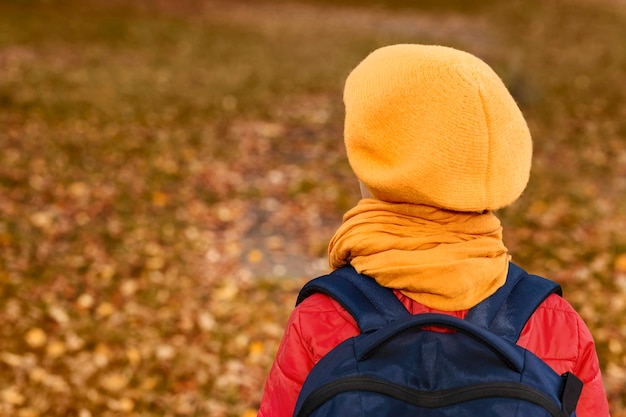 Foto van achter een klein meisje in een gele baret op een achtergrond van herfstopen plek met gevallen bladeren