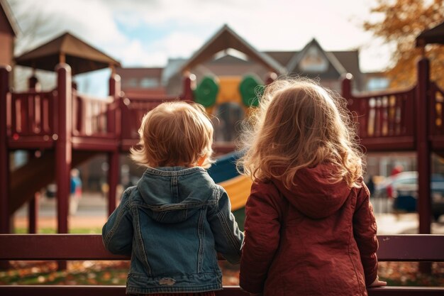 Foto van achteren van broers en zussen die op een jungle gym spelen Generatieve AI