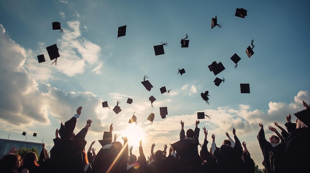 Foto van afgestudeerde student afstudeerpetten die in de lucht worden gegooid