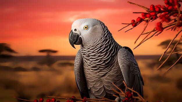 Foto van Afrikaanse grijze papegaai op savanne bij zonsondergang