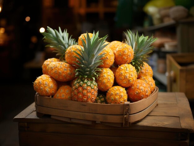 Foto van ananas in een mandje in de supermarkt