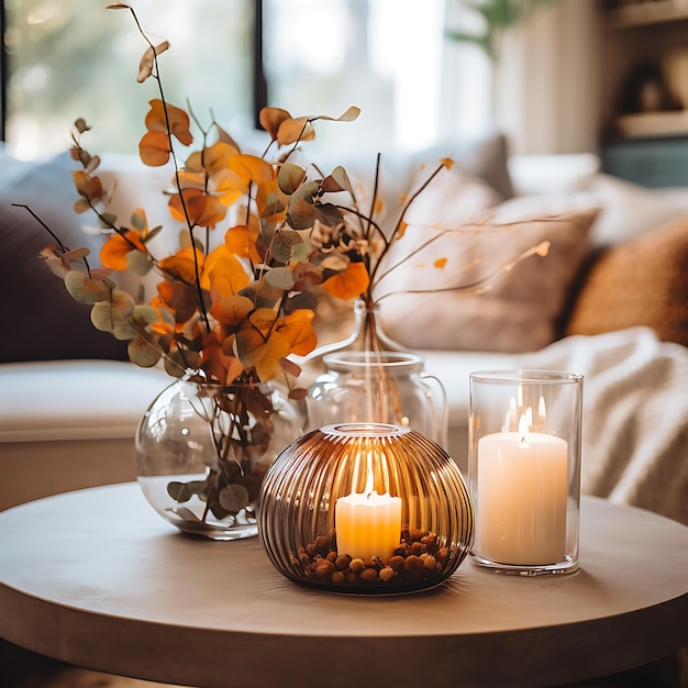 foto van Autumn Decor Stijlvol herfstdecor met pompoenbladeren en kaarsen in een moderne setting