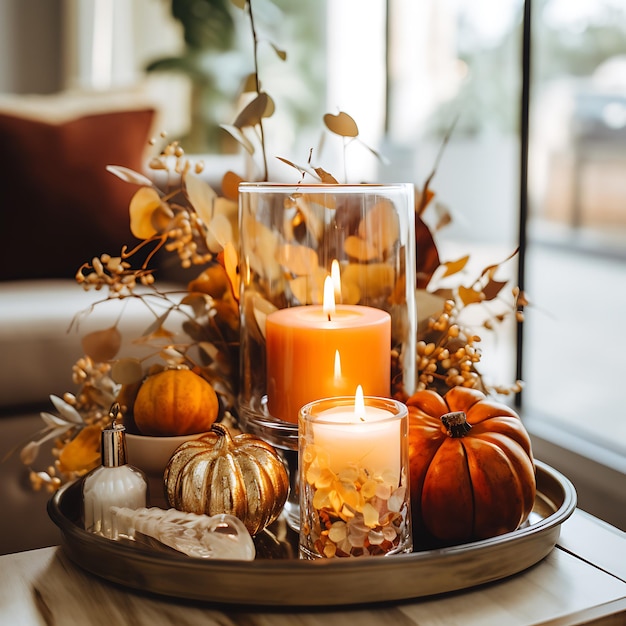 foto van Autumn Decor Stijlvol herfstdecor met pompoenbladeren en kaarsen in een moderne setting