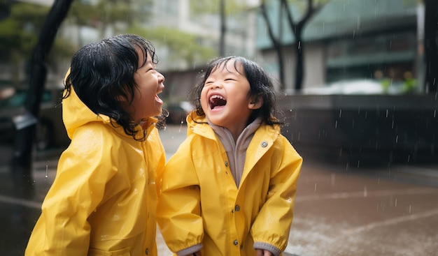 Foto van Aziatische kinderen in gele jassen op de regen Hoogwaardige foto