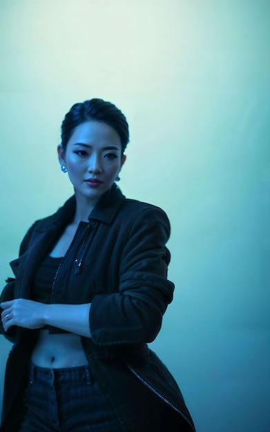Foto van Aziatische vrouw in jasjeuitrusting met kleurrijk licht in generatieve AI achtergrond
