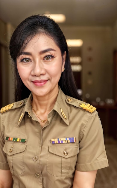 Foto van Aziatische vrouw van middelbare leeftijd in Thaise leraar uniforme generatieve AI