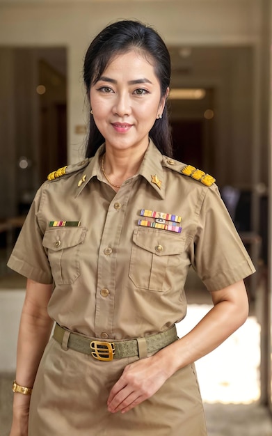 Foto van Aziatische vrouw van middelbare leeftijd in Thaise leraar uniforme generatieve AI