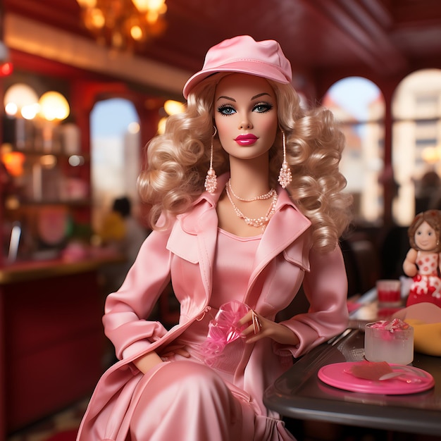 Foto van Barbie aan het ontbijt in een roze Diner