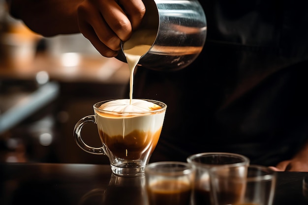 Foto van Barista die melk in een koffiekopje goot
