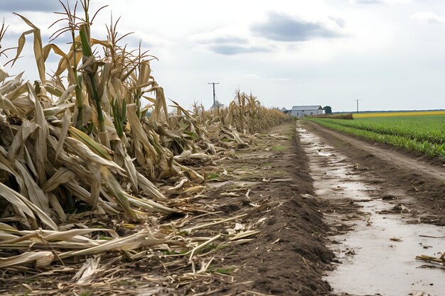 Foto van beschadigde gewassen in een door tornado getroffen landbouwgrond