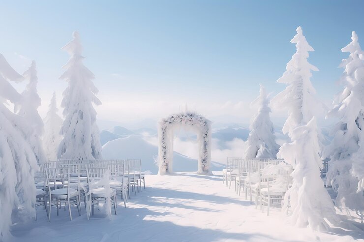 Foto foto van bevroren huwelijksceremonie in de buitenlucht winterlandschap