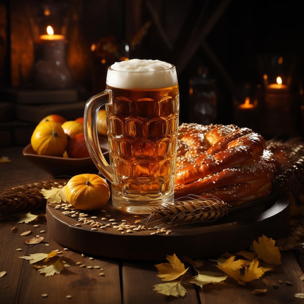 foto van bierfeestbier met krakelingtarwe en hop op houten tafel fotorealistische film