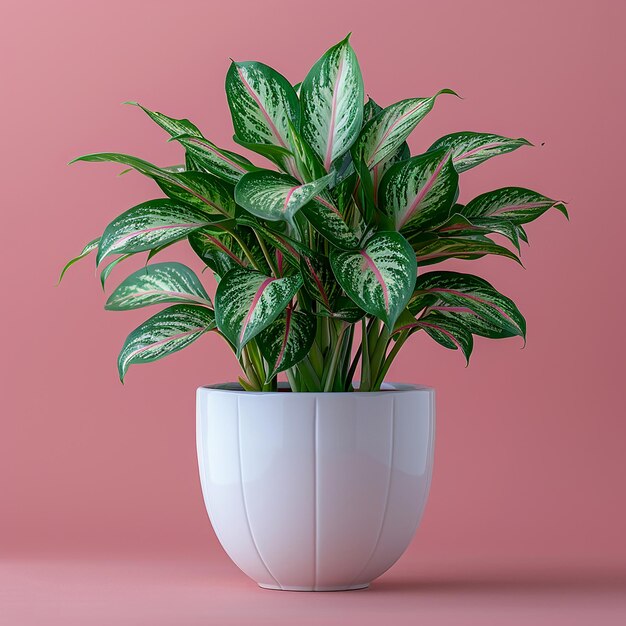 Foto van binnenplanten Chinese Evergreen in witte pot op roze achtergrond