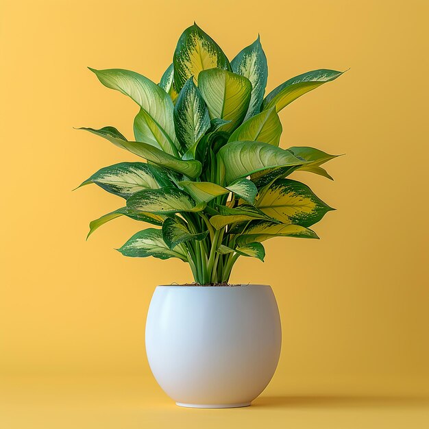 Foto van binnenplanten Dieffenbachia in een witte pot op een geïsoleerde gele achtergrond