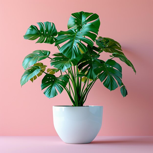 Foto van binnenplanten Monstera in witte pot op roze achtergrond