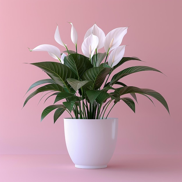 Foto van binnenplanten Peace Lily in witte pot op roze achtergrond