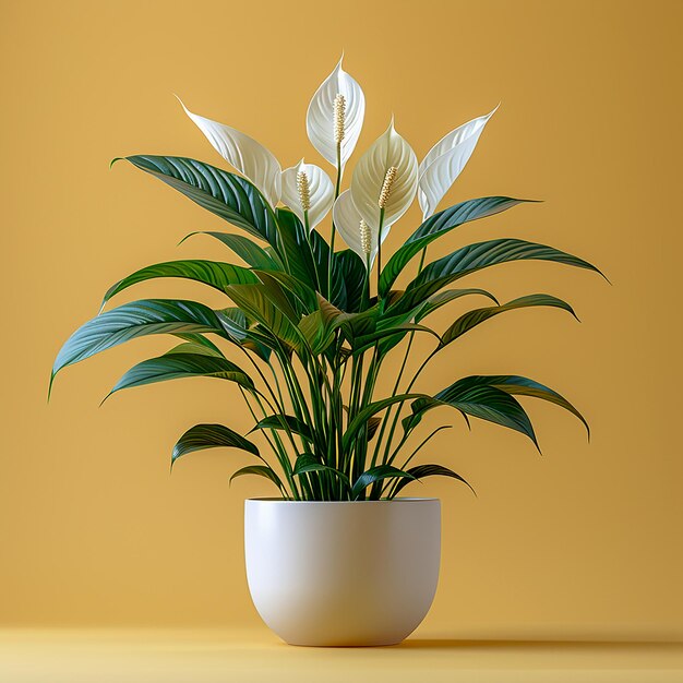 Foto van binnenplanten Peace Lily Spathiphyllum in een witte pot op een geïsoleerde gele achtergrond