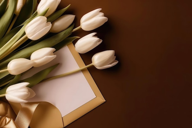 Foto van bovenaanzicht van kopieerruimte en gouden envelop en boeket witte tulpen met kopieerpasta Gouden achtergrond Generatieve AI