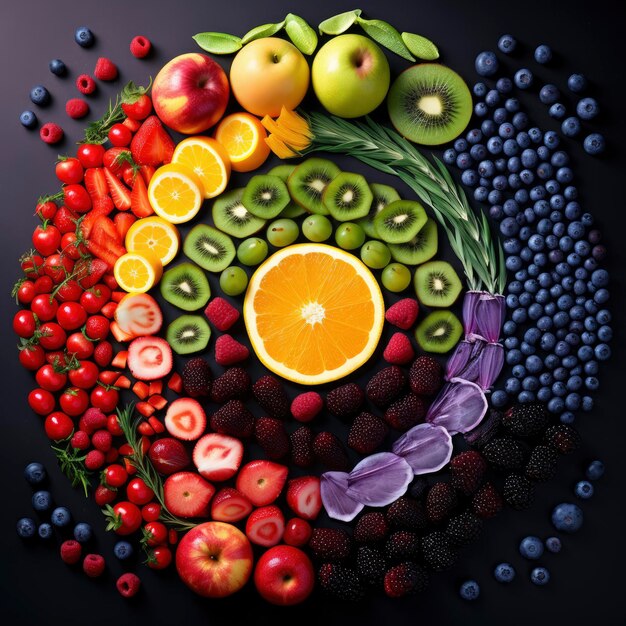 Foto van bovenaf van een kleurrijke regenboog van vers fruit