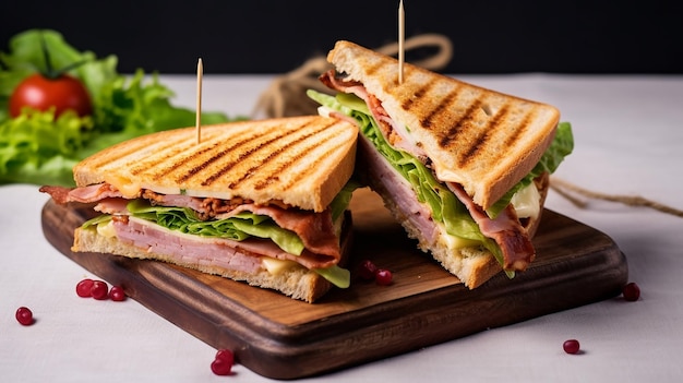 Foto van broodje ham, kaas, sla en clubsandwich met geroosterd brood