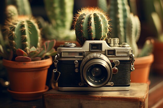 Foto van Cactus met een vintage camera