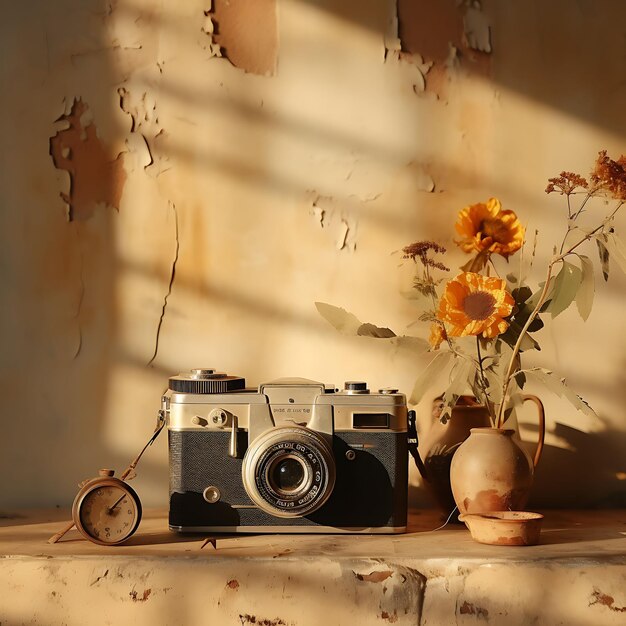 Foto foto van camera shadow cast on wall vintage en nostalgic wiphoto van een sepi art concept scene kalm