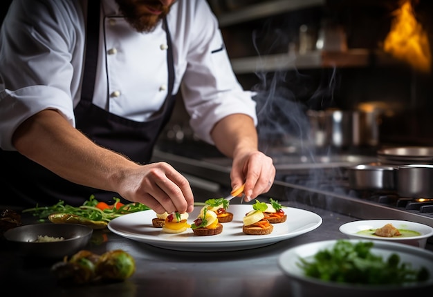 Foto van chef-kok die restaurantvoedsel in de keuken versiert