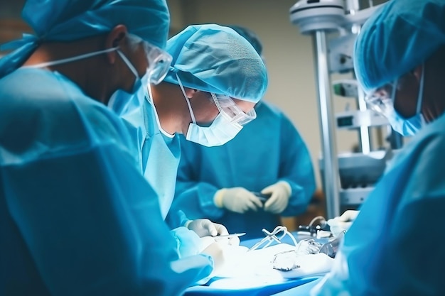 Foto van chirurgen die een complexe operatie uitvoeren in een moderne operatiekamer. Een groep chirurgen die een operatie uitvoeren bij een patiënt