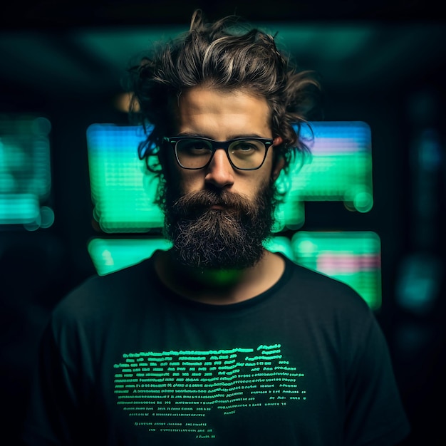 foto van computerhacker met baardpictogram in een zwart t-shirt in neon gekleurd licht