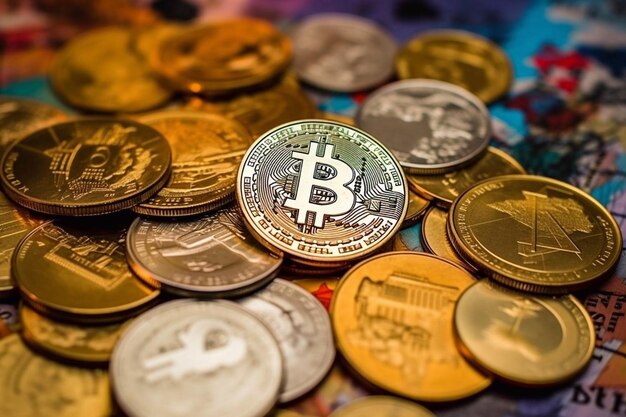 Foto van cryptocurrency fysieke gouden bitcoin munt op kleurrijke achtergrond Generatieve AI