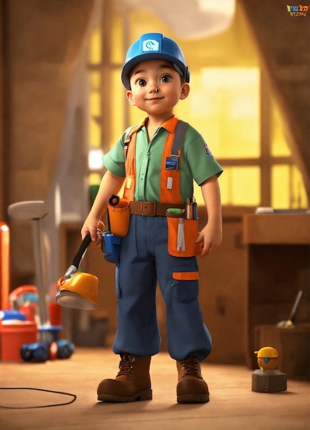 Foto van de bouwer in een bouwvest en oranje helm die op de achtergrond van de studio staat