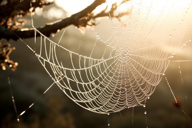 Foto van de delicate schoonheid van een met dauw bedekte spinnenweb Generatieve AI