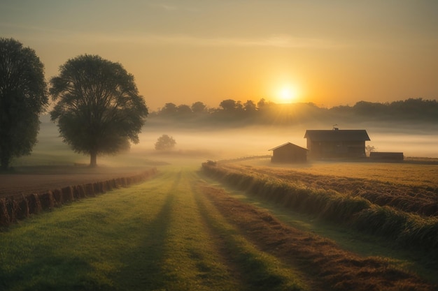 Foto van de eerste stralen van de rijzende zon bij groene veldboeren die in een mistig dorp werken