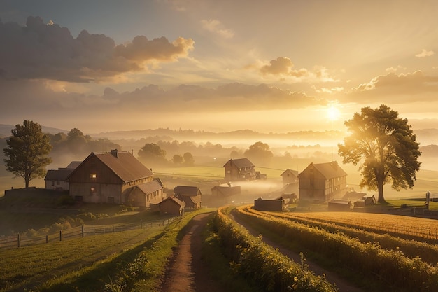 Foto van de eerste stralen van de rijzende zon bij groene veldboeren die in een mistig dorp werken