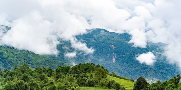 Foto van de Himalaya-bergen bedekt met mist. Groene heuvels met bos achter de wolken. Wandelen, trekking in Nepal.