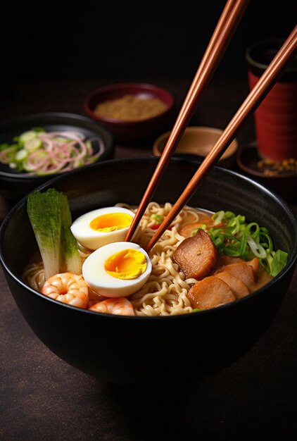 Foto foto van de japanse keuken ramen noedels met eieren kip varkensvlees met verschillende toppings