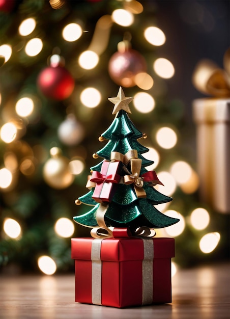 Foto van de kerstboom en geschenkdozen presenteert kerstverlichting Gelukkig Nieuwjaar