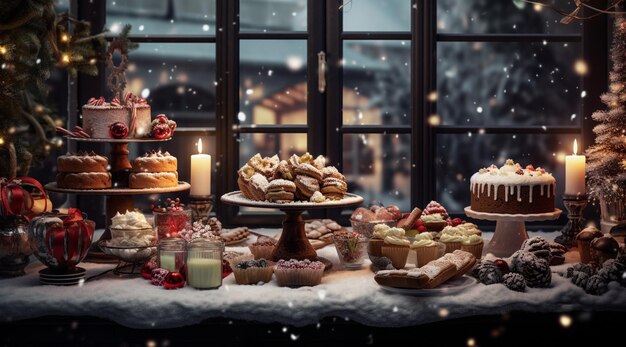 Foto foto van de kerstdinertafel met voedsel en dranken op de achtergrond van kerst