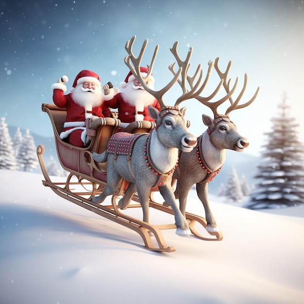 Foto van de kerstman die op een slee rijdt met herten en geschenkdoos