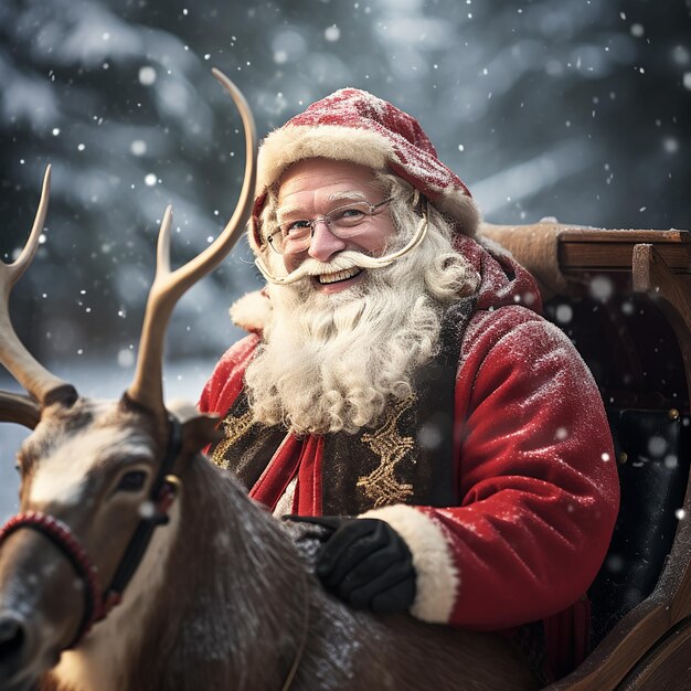 Foto van de kerstman die op een slee rijdt met herten en geschenkdoos