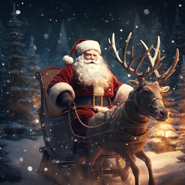 Foto van de kerstman die op een slee rijdt met herten en geschenkdoos