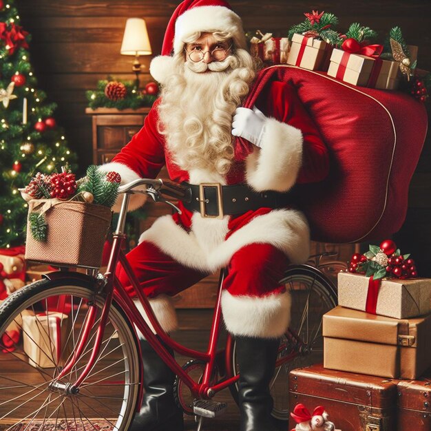 Foto van de kerstman met geschenken in de fiets en zijn rode koffer op zijn achterkant achtergrond